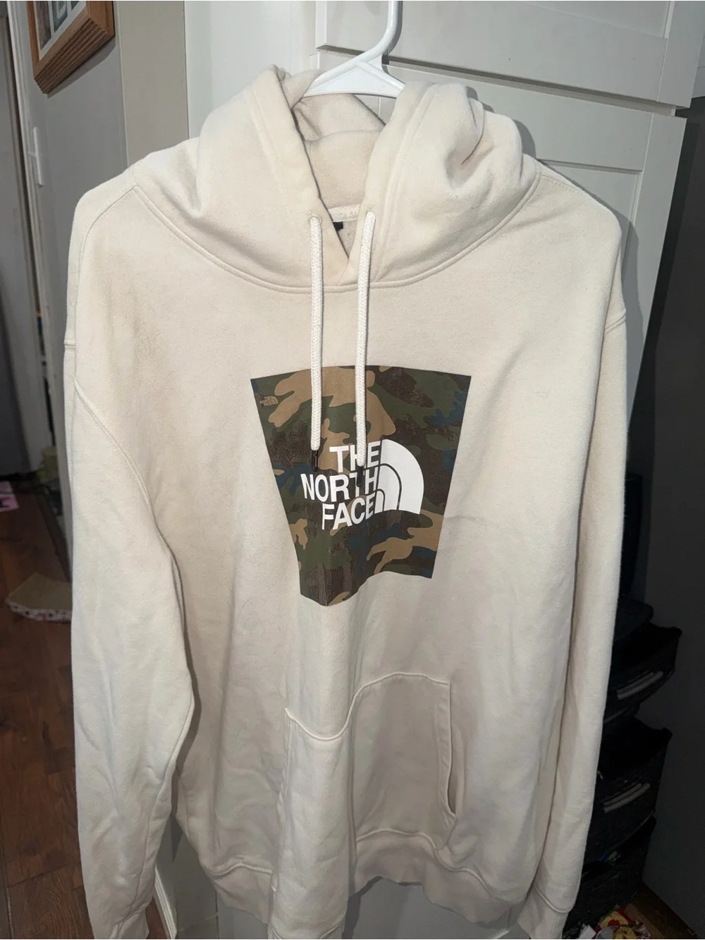 The North Face Men's Cream Crewneck Hoodie with Camo Logo